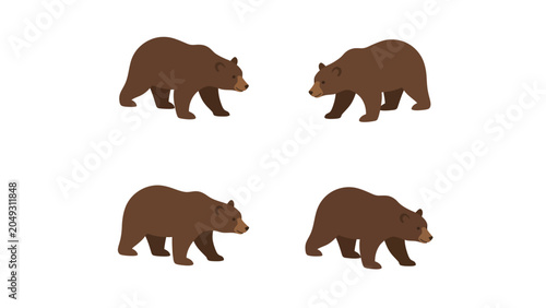 Four brown bears standing and facing each other on a white background, isolated illustration.