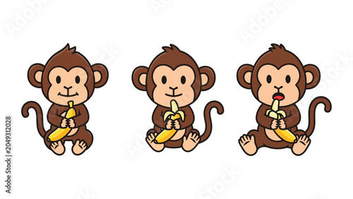 Three cute cartoon monkeys sitting and eating bananas, isolated on white background.