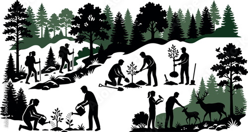 Foto Volunteers planting young trees and caring for wildlife animals in green forest