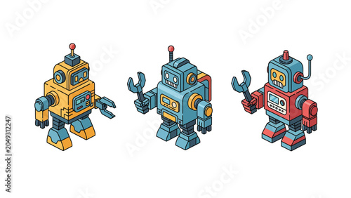Three colorful cartoon robots holding wrenches, standing in isometric view.