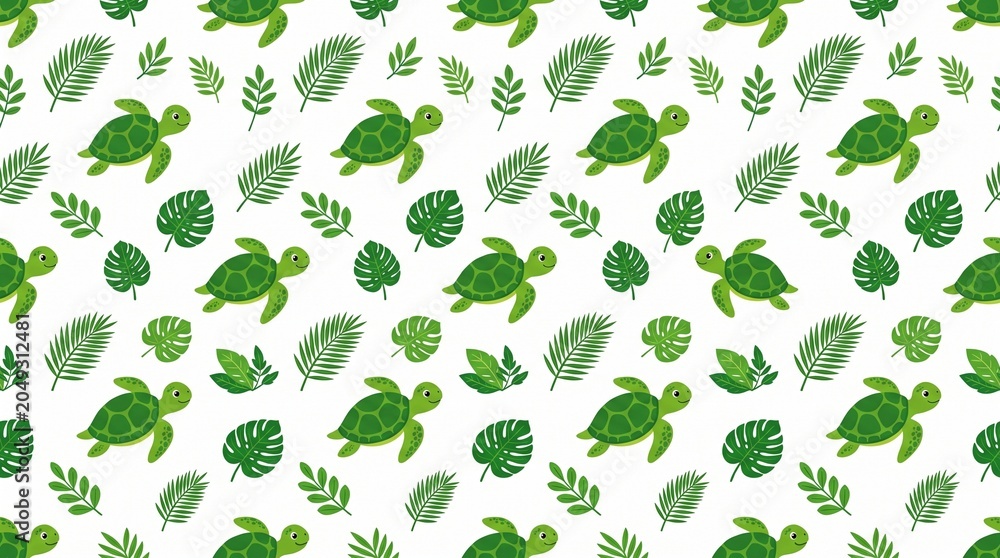 Fototapeta premium Turtles and leaves pattern design on a white background shows the beauty of nature and marine life in a fun and simple way