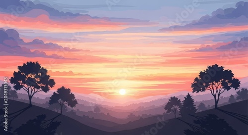 A soft watercolor vector landscape featuring shadowy silhouettes under a vibrant pastel sunset sky with hazy clouds and warm evening light, atmosphere, evening, sky