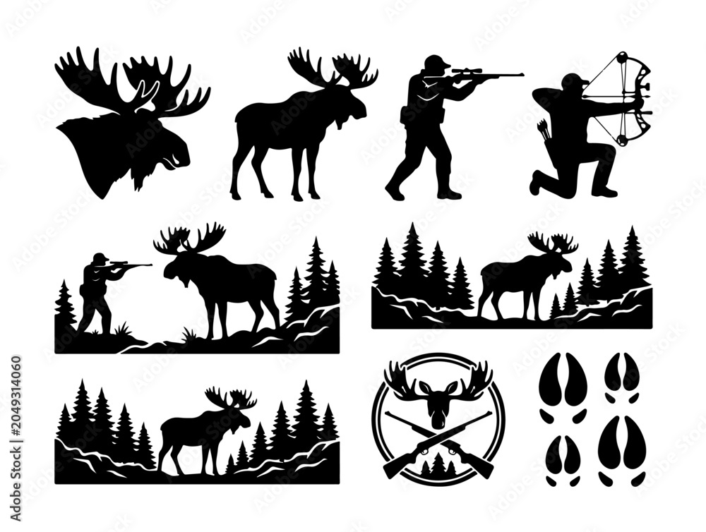 Fototapeta premium Moose Hunting Silhouette Bundle with Hunter Archer Wildlife Forest Vector Set