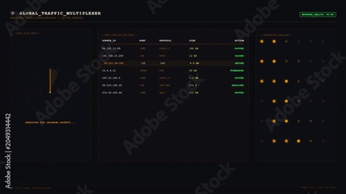 Futuristic Cyber Security Network Traffic Monitor Dashboard HUD.