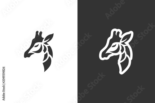 Canvas Print A minimalist graphic illustration of a giraffes head with decorative leaf elemen