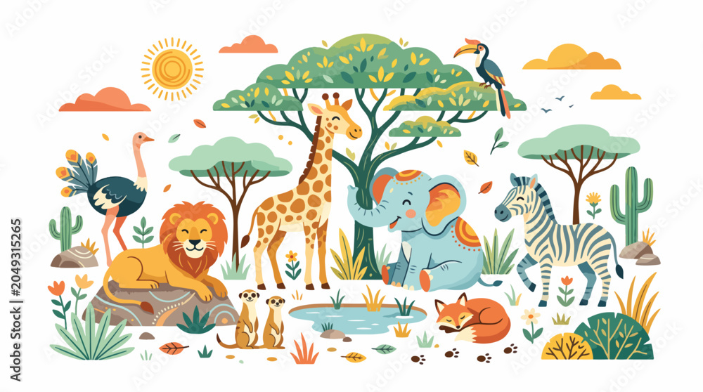 Fototapeta premium Colorful Safari Animals in Nature Scene.