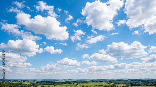 Photos A vast green landscape stretches under a blue sky filled with fluffy white clouds on a sunny day outdoors