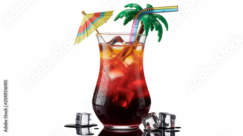 Dark red tropical cocktail with ice cubes and palm tree garnish on white background