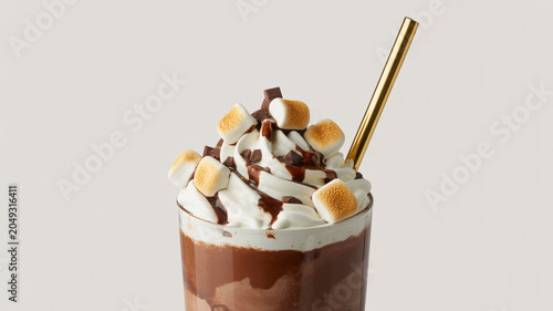 Decadent chocolate milkshake topped with whipped cream and marshmallows