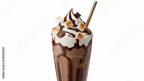 Decadent chocolate milkshake topped with whipped cream marshmallows and chocolate