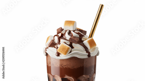 Decadent chocolate milkshake topped with whipped cream marshmallows and chocolate chunks