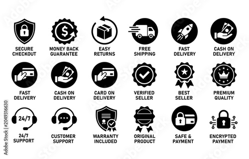 Ecommerce Service Guarantee Badge Icon Set with Secure Payment Delivery Support Warranty and Refund Symbols