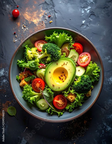 A vibrant salad with avocado, tomatoes, and broccoli in a bowl