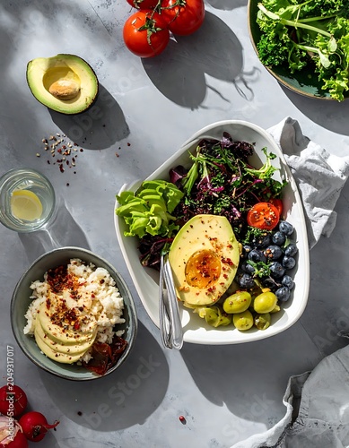 A vibrant salad with vegetables and fruits on a table