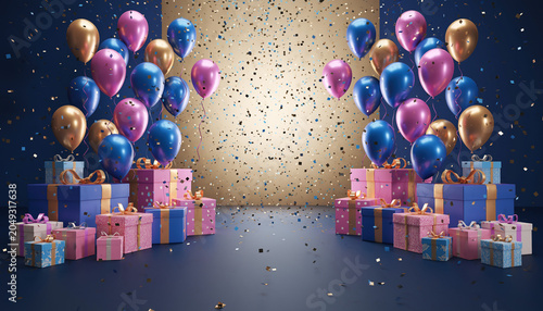 Festive birthday background with colorful balloons, gift boxes, and falling confetti on a dark blue and gold background.