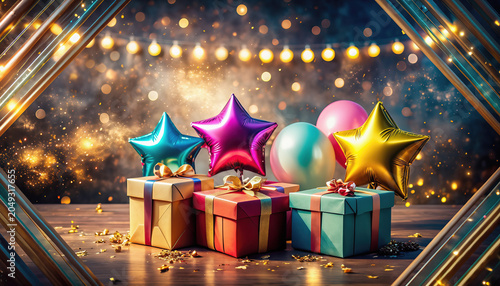 Festive party background with wrapped gift boxes, star-shaped foil balloons, and glowing bokeh lights framed in gold.