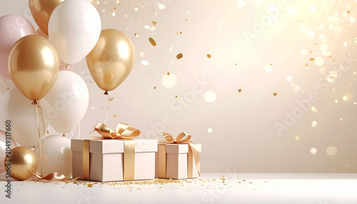 Elegant white and gold celebration background featuring gift boxes, balloons, and floating confetti with copy space.