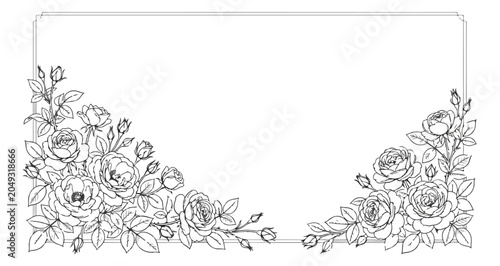 Tableau sur toile Vintage floral frame with hand drawn roses, elegant black and white botanical bo