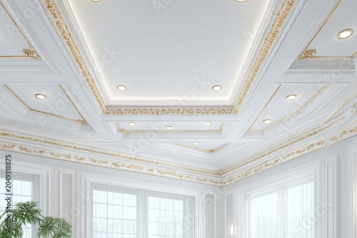 Luxurious white ceiling with ornate golden trim molding and recessed lighting in high-end classic interior design setting