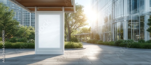 Empty white billboard poster on a modern city sidewalk during a sunny day