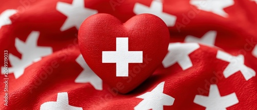 Three-dimensional red heart with Swiss flag pattern on textured fabric background