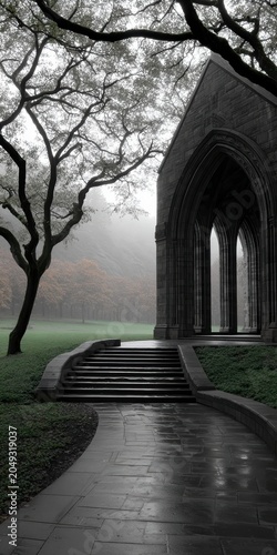Gothic stone archway in a misty forest garden with wet stone steps