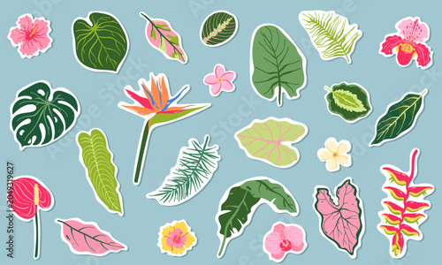 Tropical Leaves and Flowers Sticker Set, Botanical Clipart Collection, Exotic Jungle Elements, Monstera Hibiscus Orchid, Colorful Summer Plants Stickers