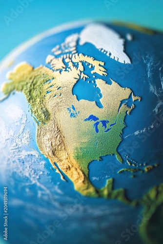 Detailed globe focusing on north america with textured continents