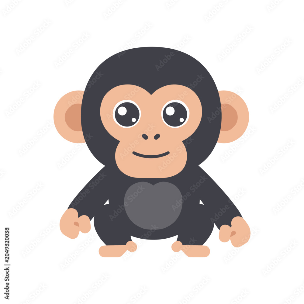 Obraz premium Cute cartoon monkey vector illustration with large shiny eyes, round ears, and a friendly smile. Simple flat animal character isolated background