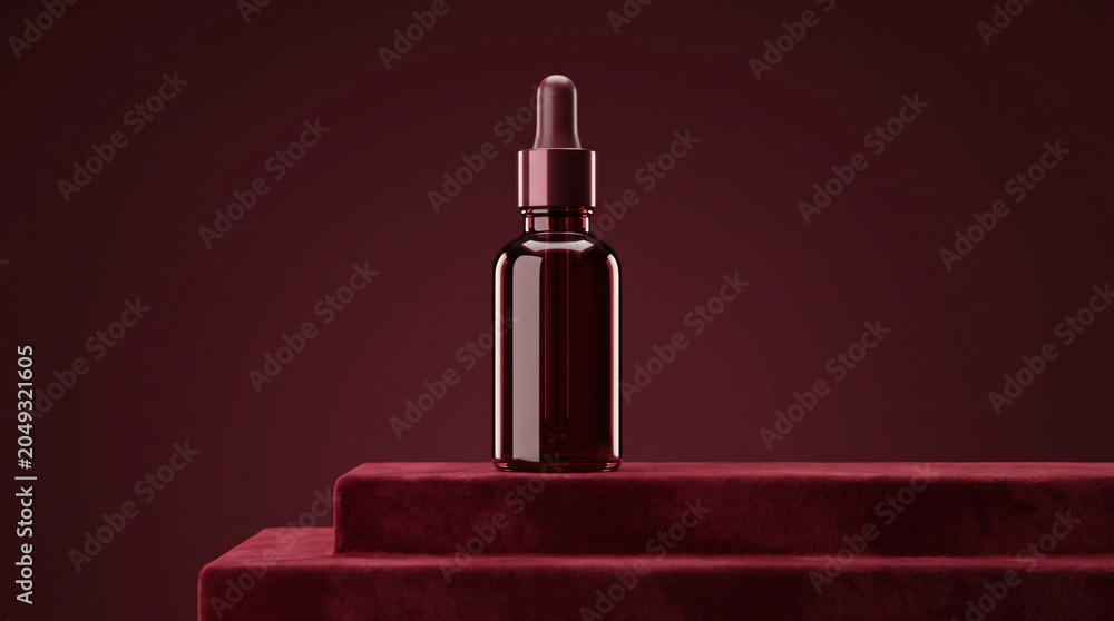 Naklejka premium Luxury Cosmetic Serum Bottle on Velvet Pedestal Dark Background