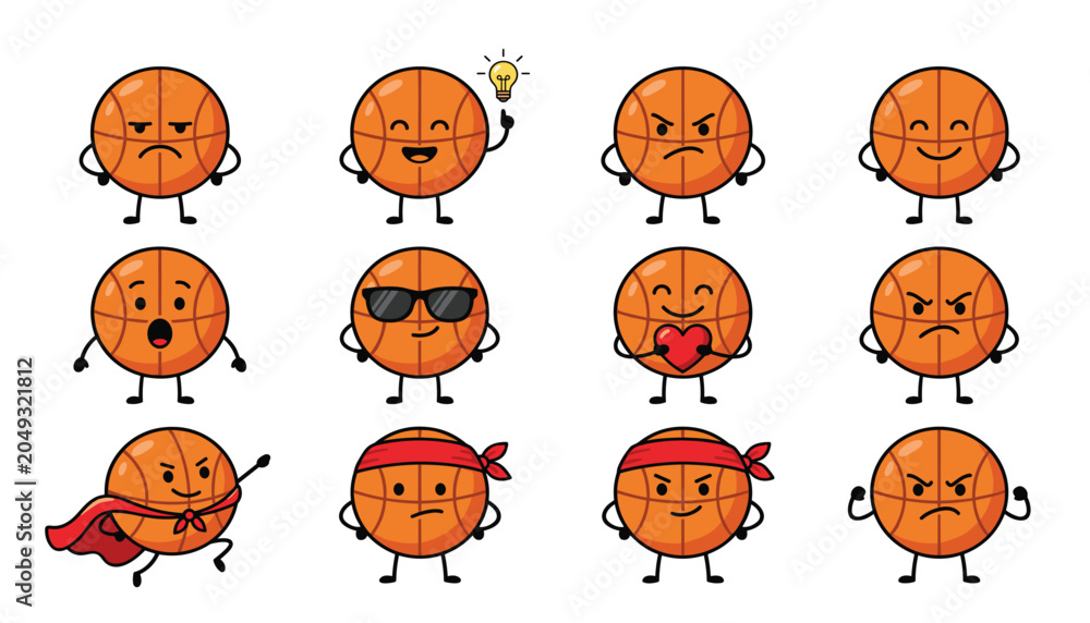 Obraz premium Basketball mascot cartoon character icon set. Cute sports ball emoticons, sunglasses, superhero cape, red headband, love heart, light bulb idea and funny facial expressions.