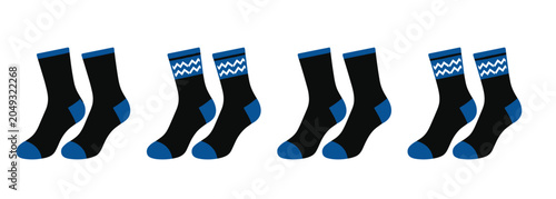 Cotton socks apparel icon. Footwear garments, winter hosiery collection, black and blue clothing elements, knitted ankle pattern, comfort fashion and textile accessory.