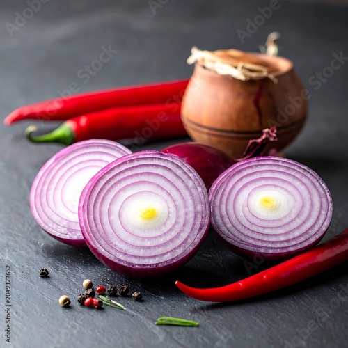 A vibrant arrangement of sliced onions and red chili peppers