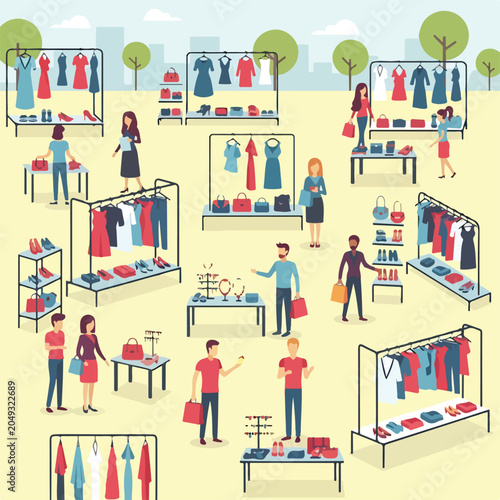 Bild auf Leinwand A bustling outdoor clothing market with shoppers and vendors