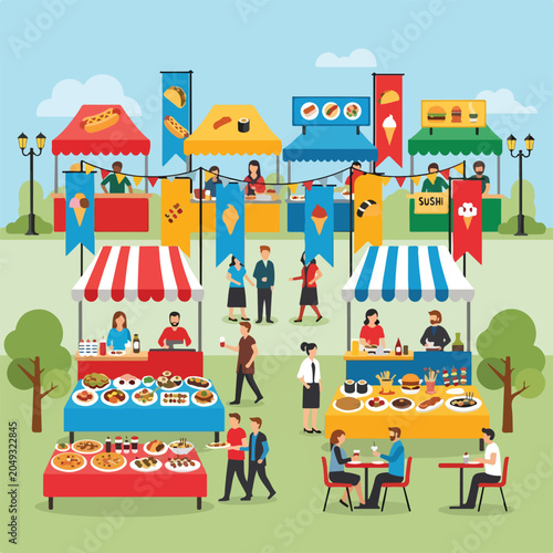 Canvas Print A bustling outdoor food festival with colorful stalls and people