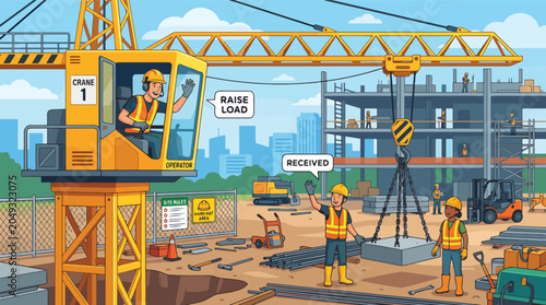 Billede på lærred Construction workers at building site with crane.