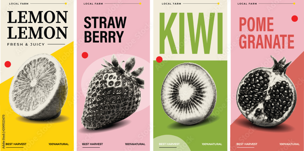 Obraz premium Four Fruit Poster Set: Lemon, Strawberry, Kiwi, Pomegranate Halftone Collage, Local Farm Label on Colorful Background