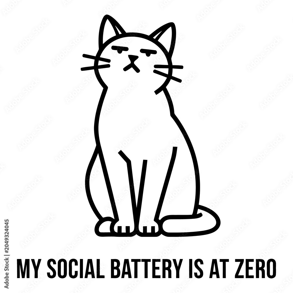 Obraz premium Grumpy Cat Sitting with Text My Social Battery Is at Zero on White Background