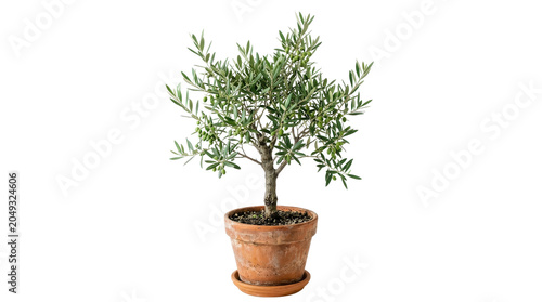 Small potted olive tree with lush green foliage in terracotta pot plant