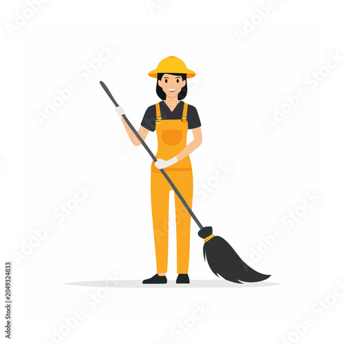 Woman in yellow overalls holding a broom, flat design