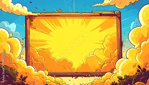 A vibrant cartoon image of a golden frame surrounded by fluffy clouds