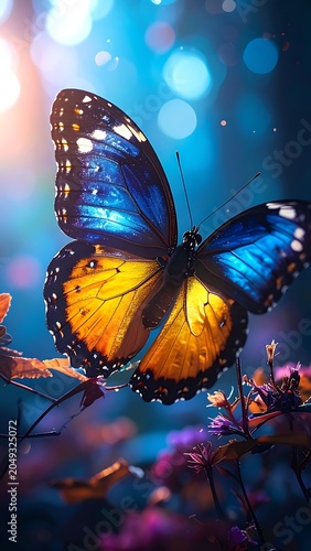 A vibrant butterfly with blue and orange wings hovers above colorful flowers