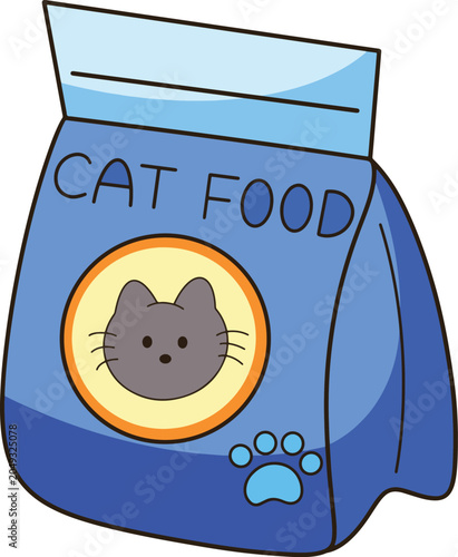 Cute Blue Cat Food Bag Cartoon Illustration Minimalist Hand Drawn Packaging Asset