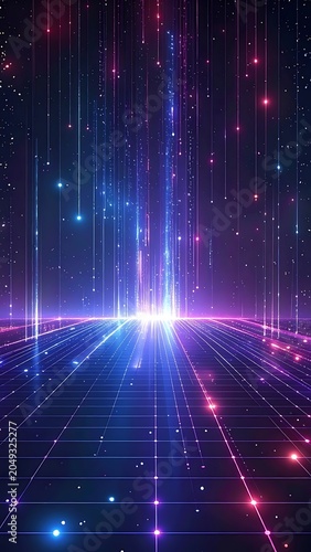 A vibrant, neon-lit digital landscape with grid pattern and radiant beams