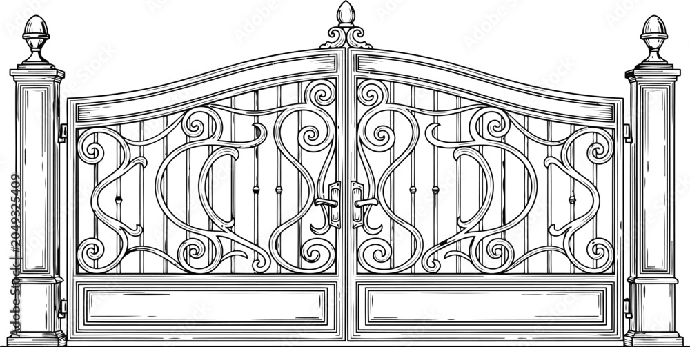 Fototapeta premium Ornate wrought iron estate gates with decorative scrollwork and stone pillars in a detailed line drawing style for architectural design concepts