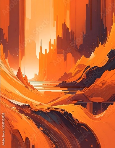 A vibrant orange cityscape with abstract architecture