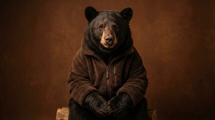 A portrait of a black bear wearing a warm brown jacket.