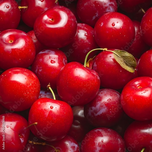 A vibrant close-up of plump, juicy cherries with stems and leaves