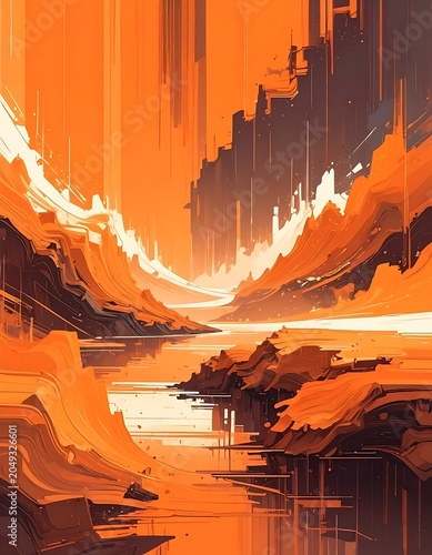 A vibrant orange landscape with abstract mountains and water