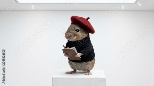 A cute hamster wearing a beret and black shirt standing on a white pedestal in an art gallery holding a clipboard.